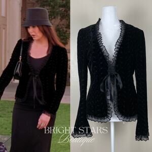 Rare Black Velvet Blazer ASO Lorelia Gilmore Girls Velvet Tie Front Lace Trim